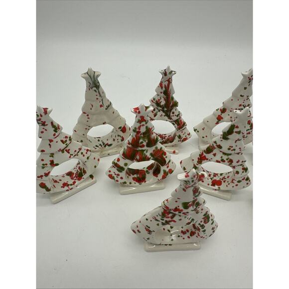 9 Vintage 3D Ceramic Christmas Tree Napkin Rings Holders White, Red, Green - Picture 2 of 5
